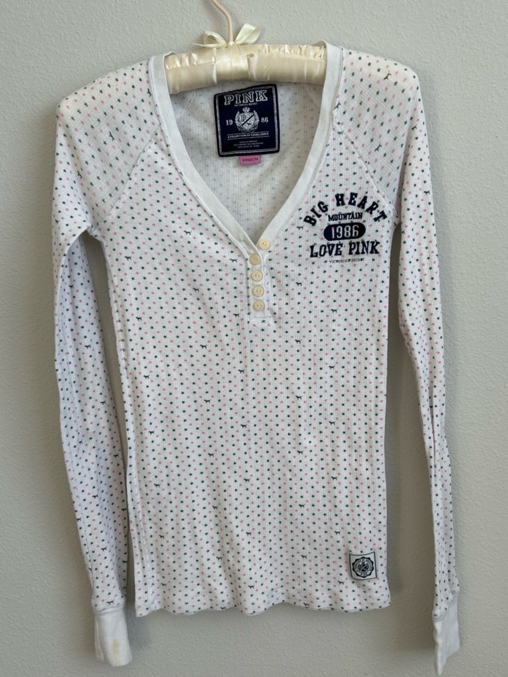 Y2K PINK Long Sleeve Henley Top in White with Tiny Multi Dots